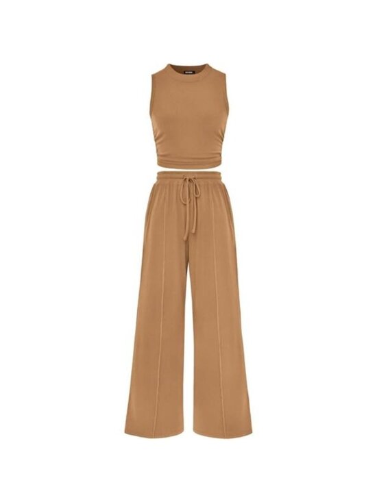 Tops - Women's Summer 2 Piece Outfits Crew Neck Cropped Top Wide Leg Pants Loun…